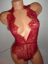 Burgundy eyelash lace satin ribbon ties bodysuit small