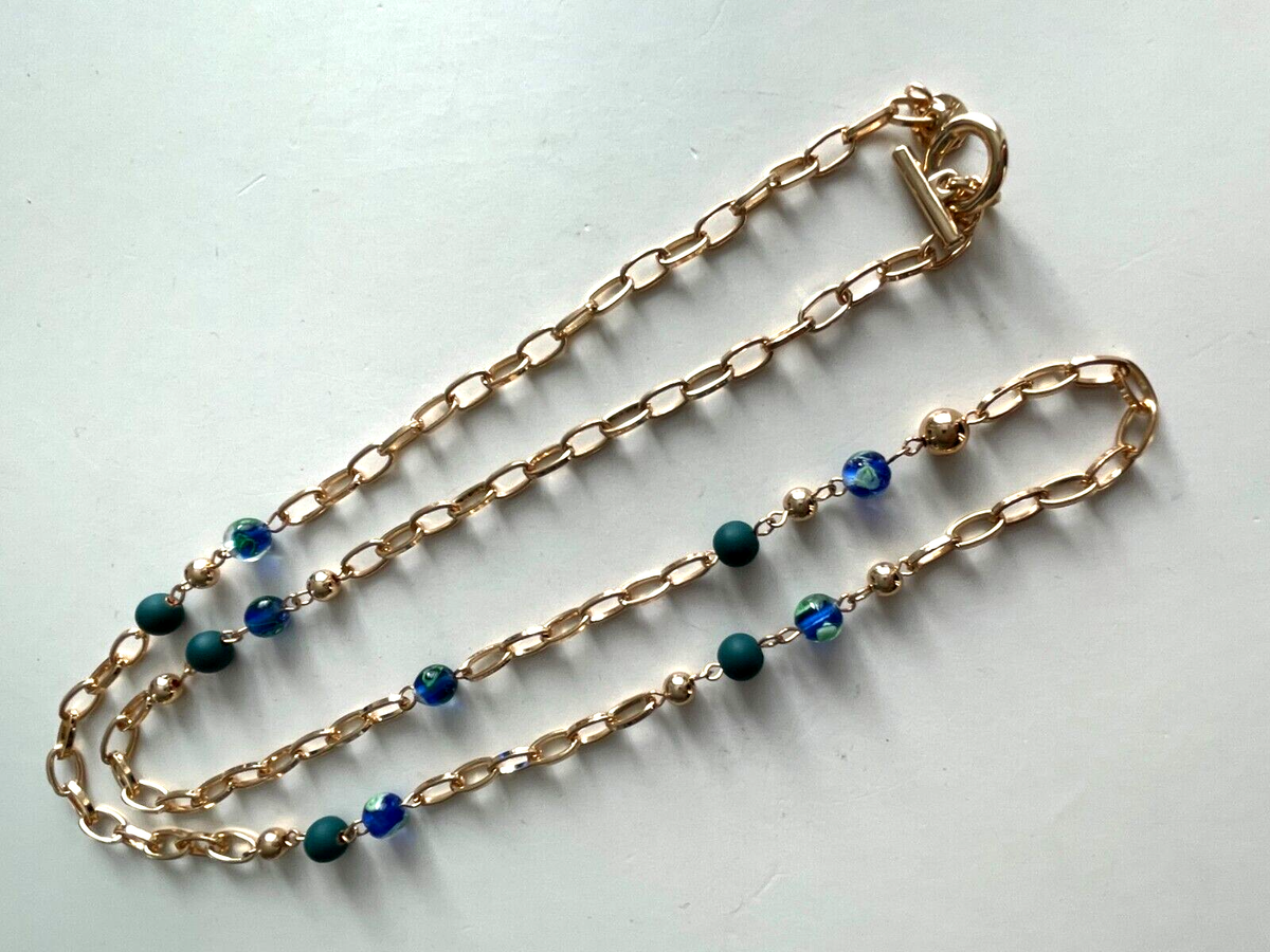 Collier Sautoir Promod doré perle Bleu Vert 88cm NEUF