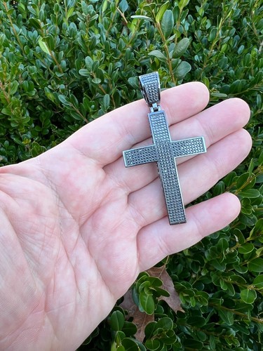 Black MOISSANITE Black Rhodium Over 925 Silver Large Iced Cross Pendant 2.5CT - Picture 17 of 22