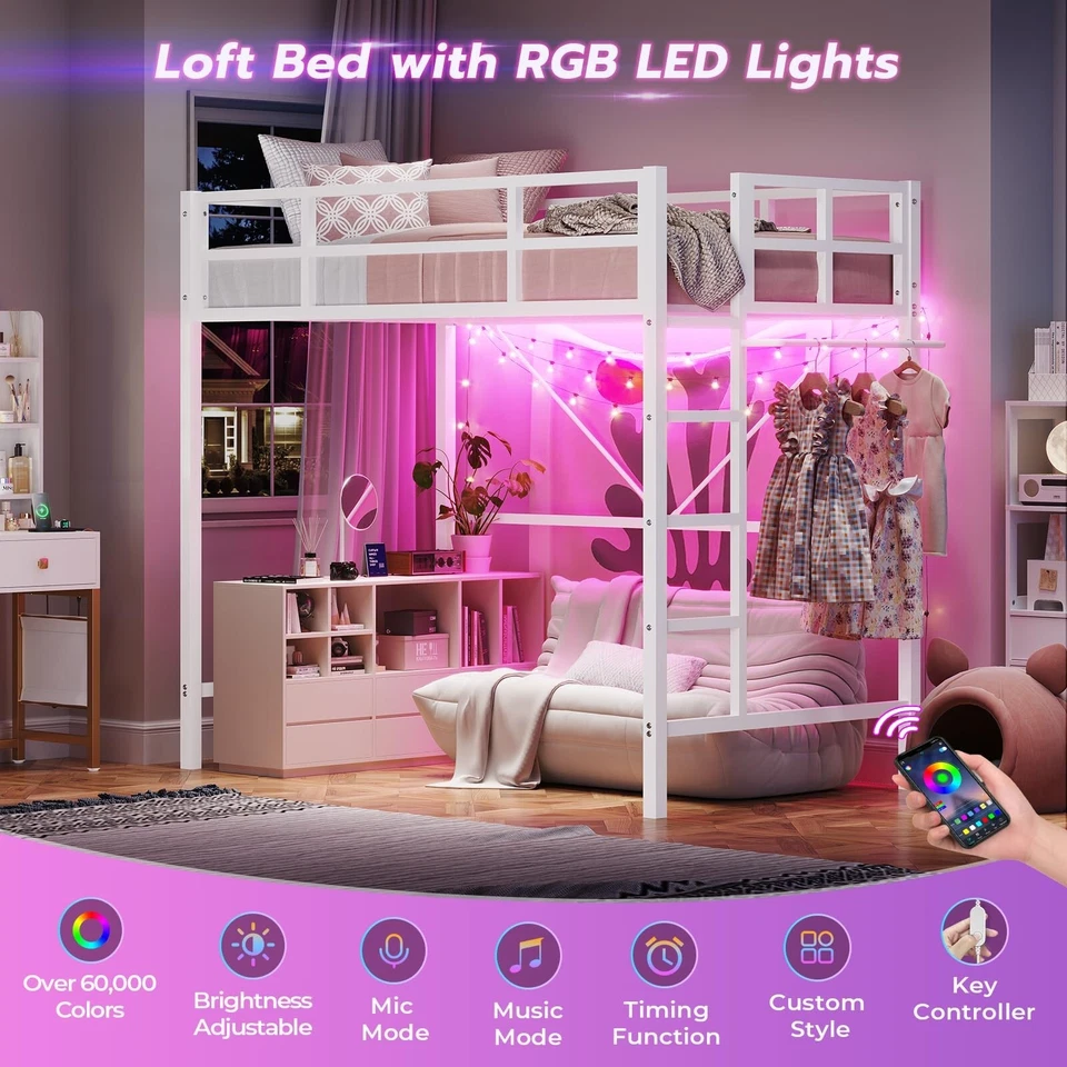 White Metal Loft Bed Twin Size with LED Lights Clothes Rack Stairs for Kids - Image 3 of 4