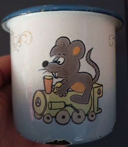 Vintage Cinsa Saltillo Mexico Emaille Baby Tasse Becher mit Henkel. Maus & Zug Design - Bild 1 von 8