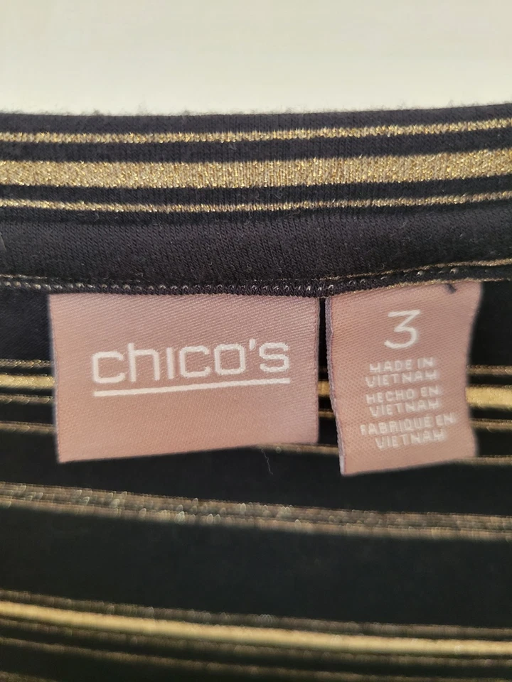 Blusa feminina Chicos tamanho 3 manga longa listrada malha elástica metálica GG preta dourada - Imagem 2 de 4