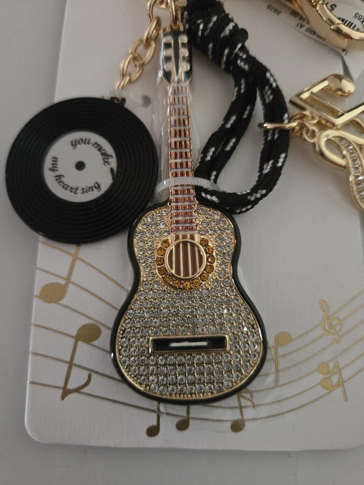 Piper K Bag Charm Keychain Gold Music Notes Guitar Record Rhinestone - Image 2 of 4