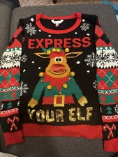 No Boundaries Ugly Christmas Sweater "Express Your Elf"Reindeer Juniors L 11-13