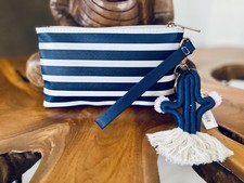 Navy Blue White Striped Makeup Bag Fabric Zipper Wrist Strap Cactus Keychain