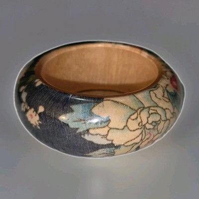 Vintage Lucite Over Wood Bangle Floral Bracelet Goldtone Sparkles Glitter Boho