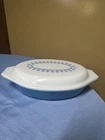 Vtg Pyrex Blue Snowflake Garland 1 Qt Divided Casserole Dish w/ Lid 063 Made USA