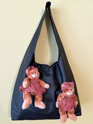 Handmade Black Faux Leather Embroidered Hand-Sewn Cats Teddy Bear Tote Bag