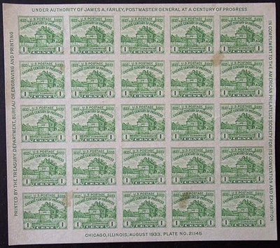 #ad #ad US Scott # 730 Ft Dearborn 1¢ Imperforate Farley Sheet of 25 Stamps MHNG $5.95