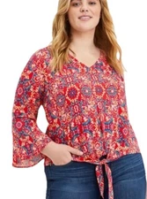 Torrid Womens 3X Red Paisley Western Tie Front Bell Sleeve V-Neck Boho Slub