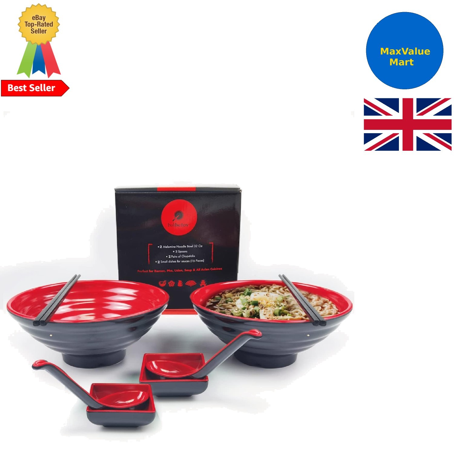 Elegante Juego de Cuencos Ramen - Incluye 2 Cuencos y Palillos de Melamina - Rojo, 8 Piezas