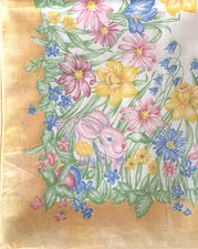 Easter Tablecloth w Bunnies, Chicks  Spring Flowers in Pastels, 86" x 64", EUC