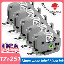 5PACK TZe-251 For Brother P-Touch Black on White Label Tape 24mm 0.94 Laminate