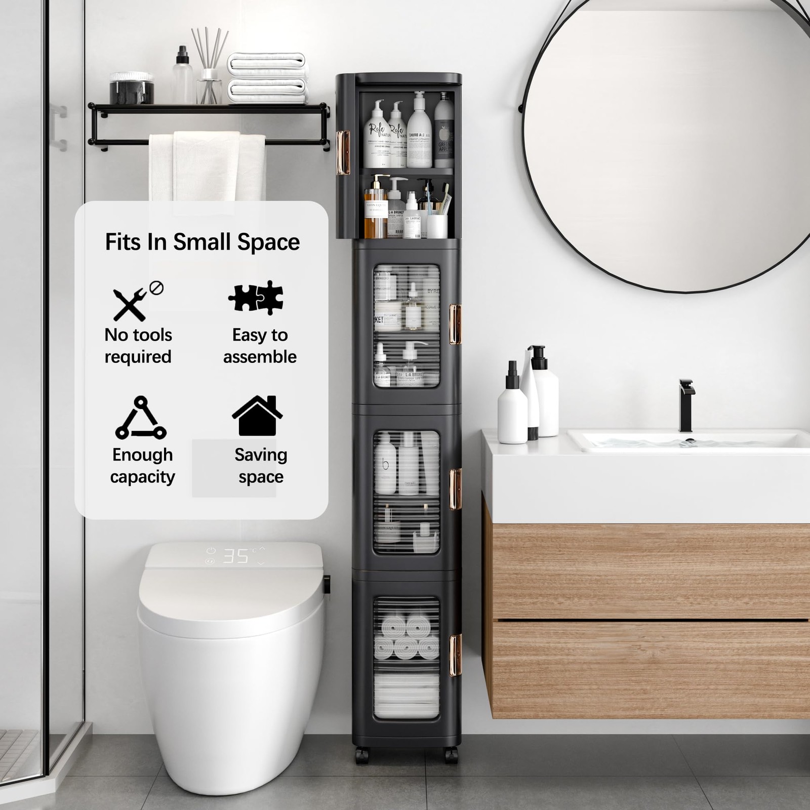 4-Tier Tall Narrow Storage Cabinet with Movable Wheels, Adjustable Shelves, A...