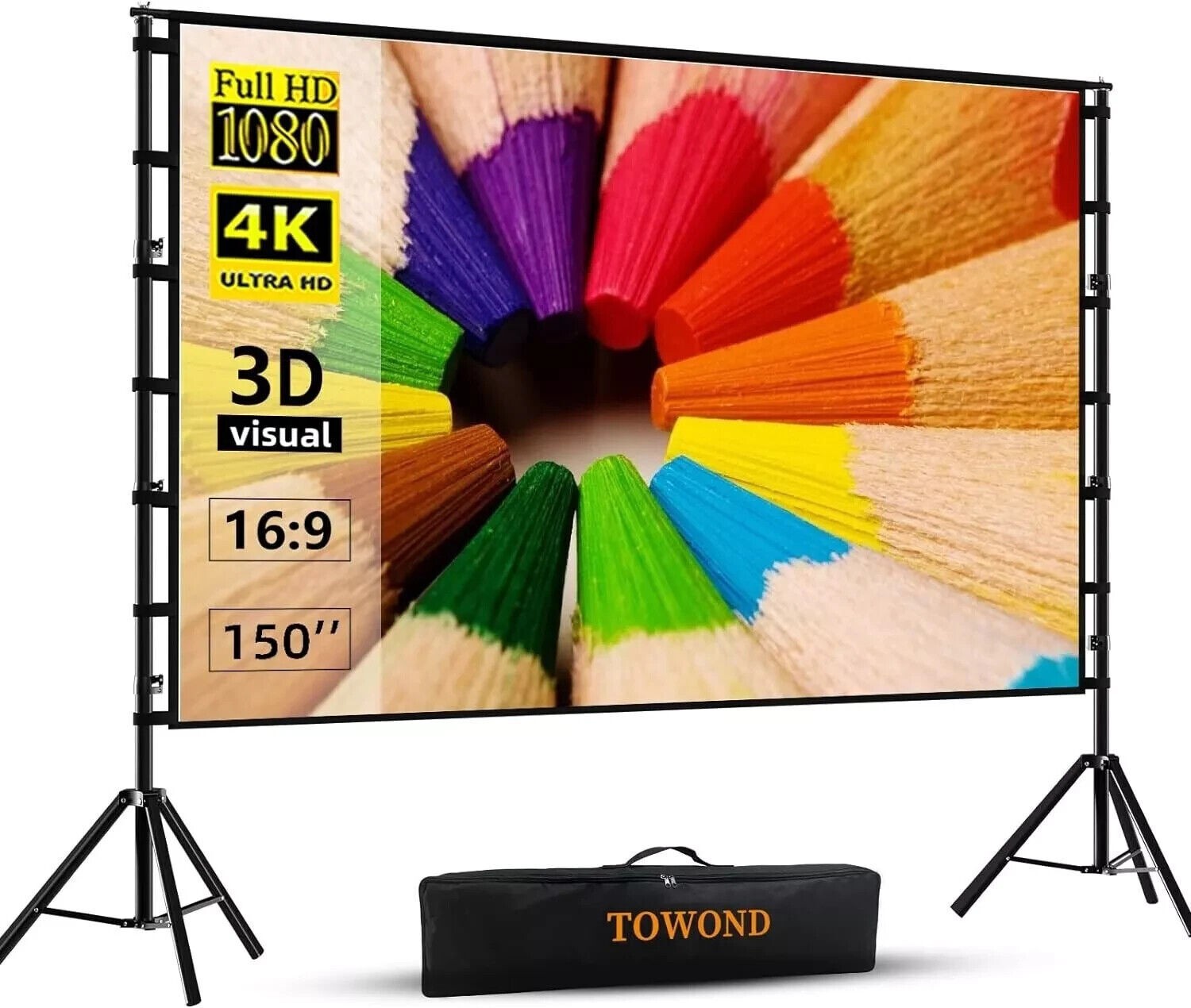 Towond Portable Projector Screen with Stand - 150", 120", 100" Indoor Outdoor Mo
