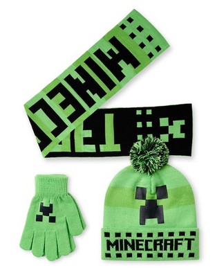 Minecraft Grün Creeper Face Set aus Mütze, Handschuhen und Schal Jungen