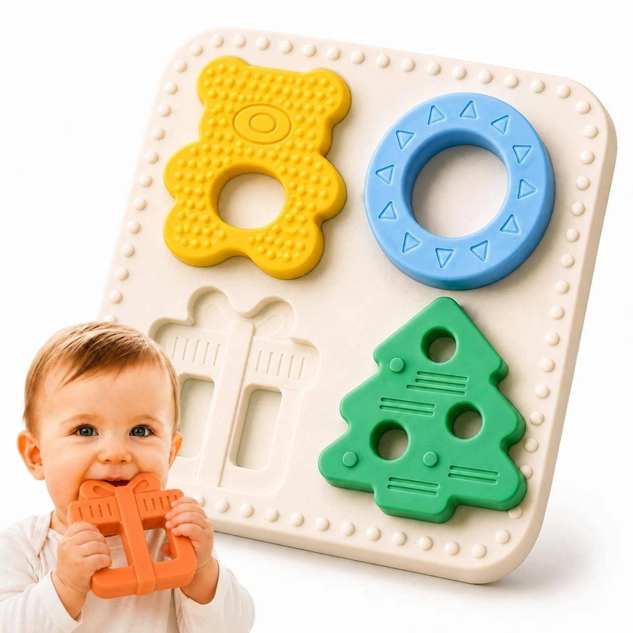 Baby Teether Puzzle – Silicone Teething Toy & Shape Matching Puzzle for Babie...