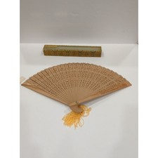 Vintage Chinese Folding Wooden Hand Fan in Original Glass Top Box