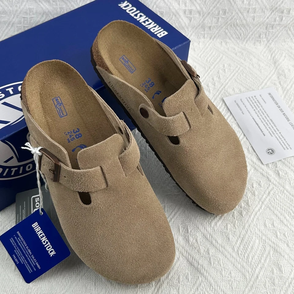 Tamanco unissex Birkenstock Boston couro camurça acastanhado palmilha macia sapatos - Imagem 4 de 4