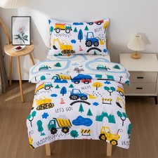 Toddler Construction Bedding Set - Trucks, Excavators, Cars, Blue, 4 Pieces