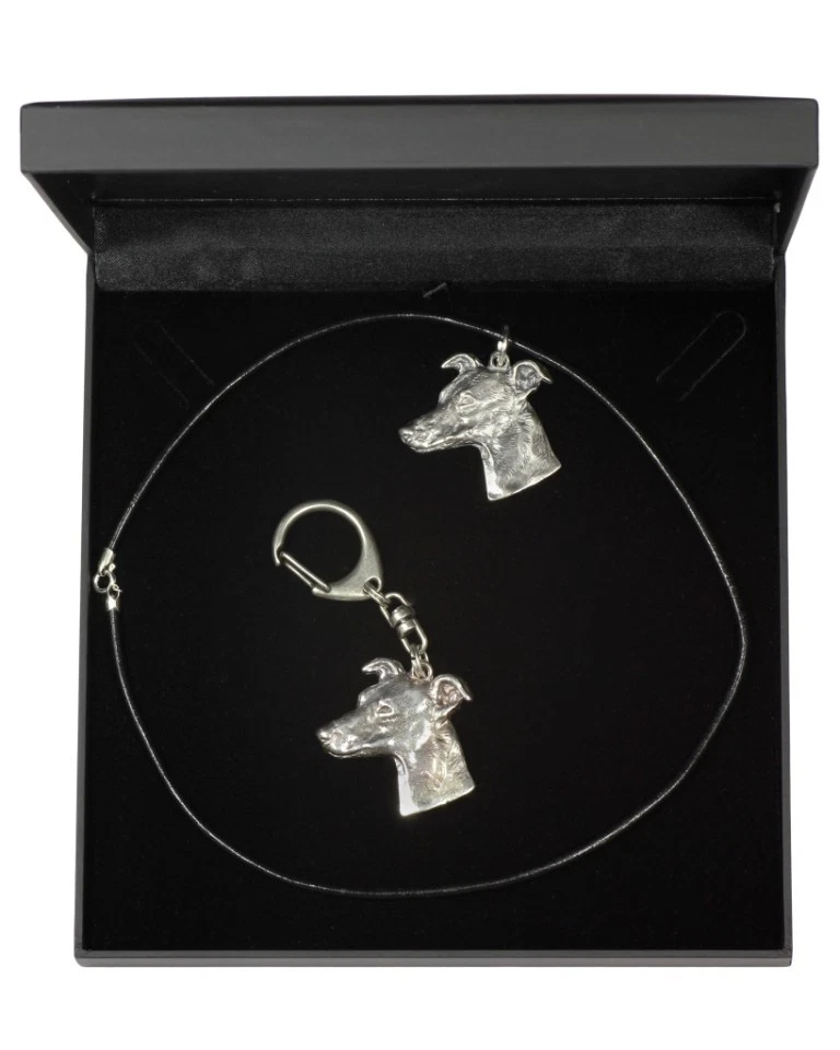 Whippet   silver plated necklace, keyring with a dog, black box, Art Dog USA