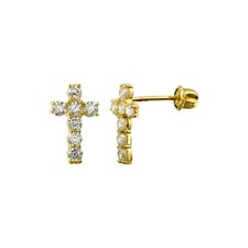 14K Yellow Gold Mini Small Cross CZ Screw Back Stud Earrings - Minimalist