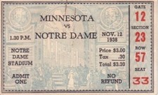1938 Notre Dame Minnesota football ticket stub Coach Elmer Layden Irish Win #300