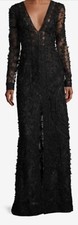 Oscar De La Renta Runway Beaded & Mesh Illusion Long Sleeve V-neck Gown Black 4