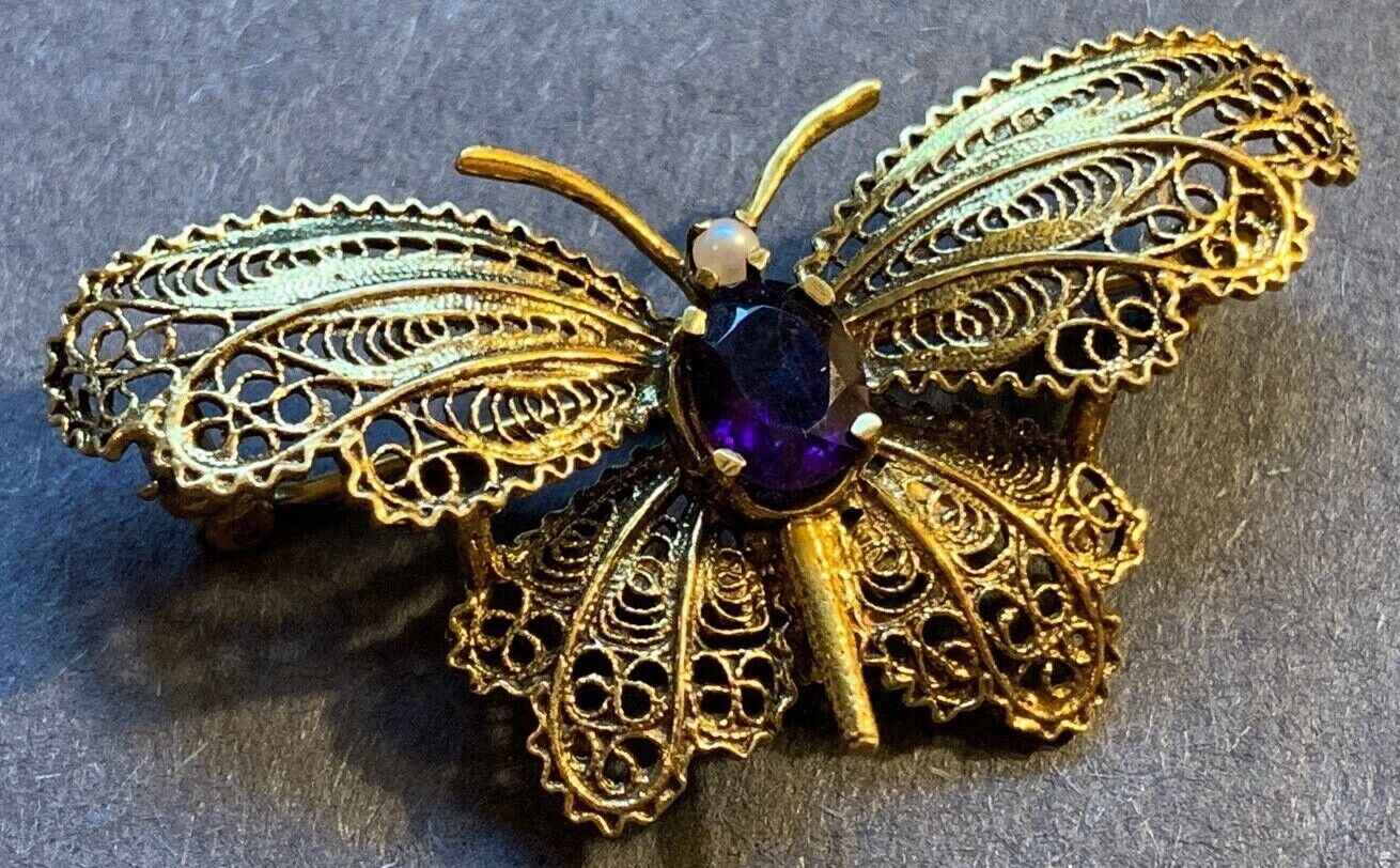 Antique 14k Yellow Gold Ornate Filigree Butterfly… - image 1