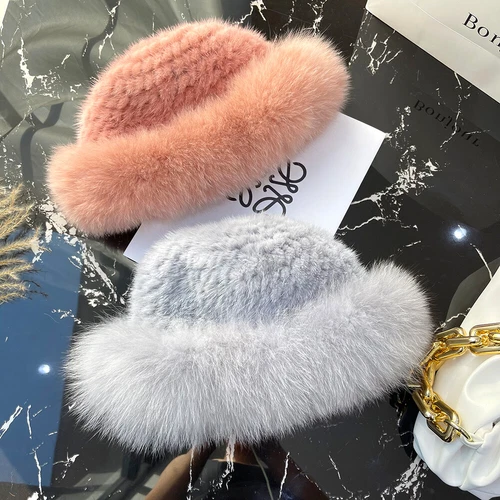 Cappello donna vera pelliccia di visone secchiello berretto caldo lavorato a maglia invernale con orlo pelliccia di volpe - Foto 7 di 31