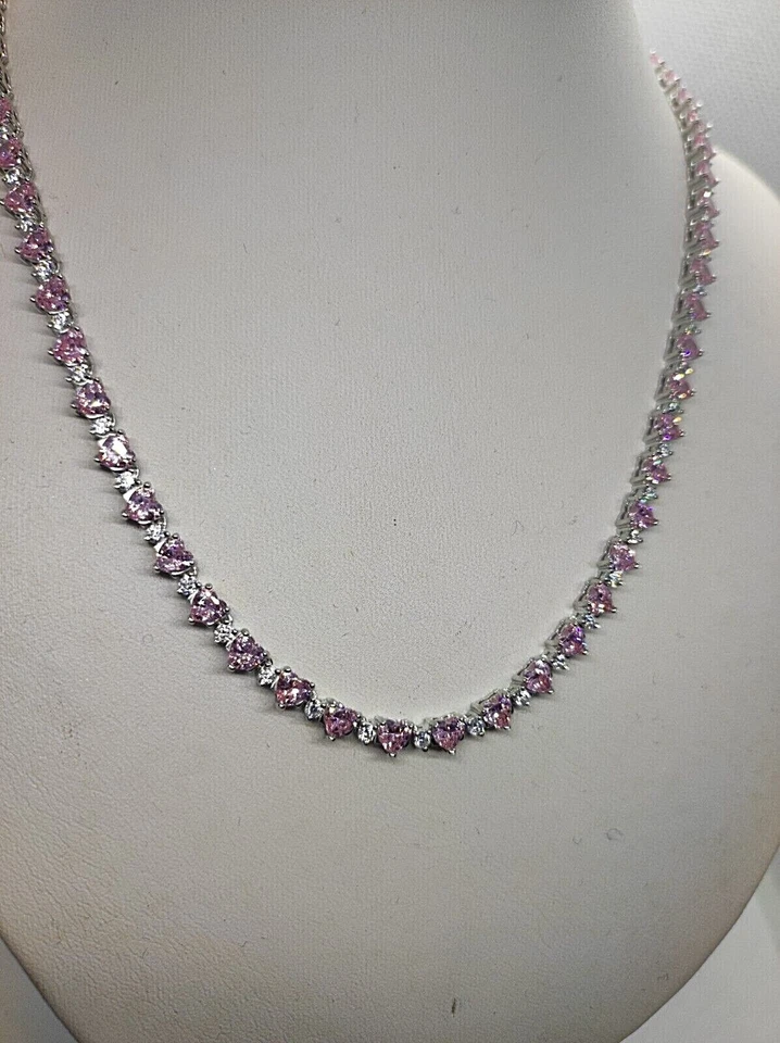 Collana donna Tennis. collana con  Cuori rosa argento 925 Placcata oro bianco - Immagine 3 di 4