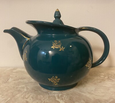 MCM VTG Atomic HALL 6 Cup Dark Turquoise Tea Pot Gold Leaf Roses USA Art Pottery