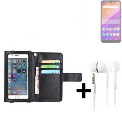 Wallet Case Schutz Hülle für BLU J6S + Kopfhörer schwarz Display Schutz Folie