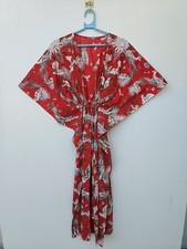Women Cotton Red Summer Sleepwear Beach Cover Monkey Print Long Caftan Dress