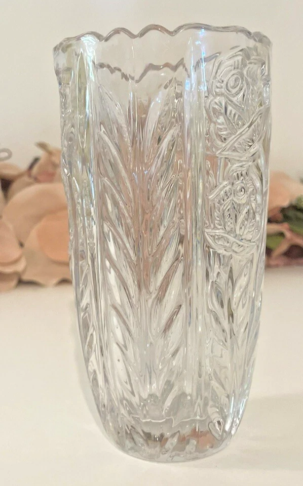 "Florero Anna Hutte 24 % cristal de plomo plomo 6,5"" rosas transparente Alemania etiqueta gruesa" Foto 2 de 4