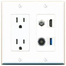 COAX HD TOSLINK USB-3 Port Wall Plate w/Power Outlet White