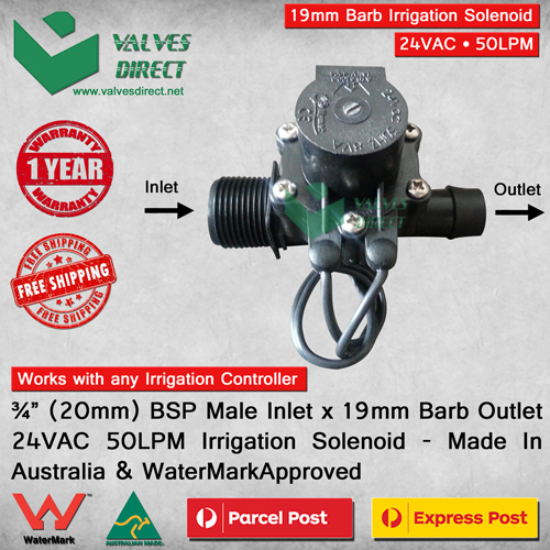 3/4" inch 20mm Inlet x 19mm Barb Outlet Irrigation Solenoid Valve 24V AC 50LPM - Bild 1 von 12
