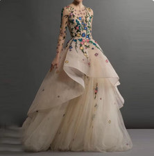 Champagne Elegant Muslim Wedding Dress Ball Gowns Long Sleeves 3D Flower Lace