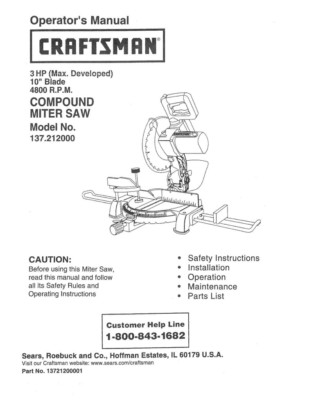#ad Craftsman 137.212000 Miter Saw Owners Instruction Manual $20.24