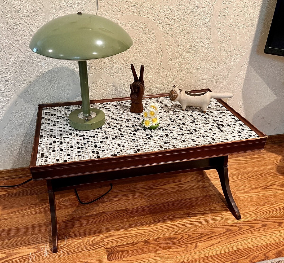 RETRO 1950's Mosaic Tile & Wood Coffee Table Black & Gold Tiles