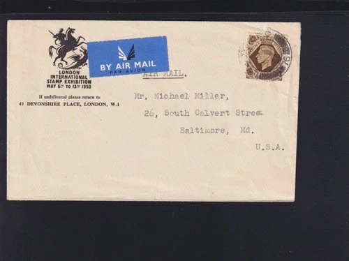 Great Britain Air Mail Cover 1950 to USA