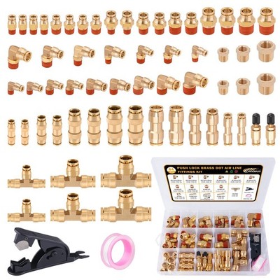 64pc Brass DOT Air Line Fittings Kit - Push Lock Quick Connect NPT Thread Hose