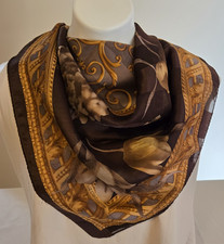 LIZ CLAIBORNE Scarf Corinthian Leaves Floral Polyester Korea Brown Gold Gray 35"