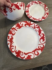 Ciroa Fiori Red Swirl Holiday Bone China Dinner Plate, Luncheon Plate And Bowl