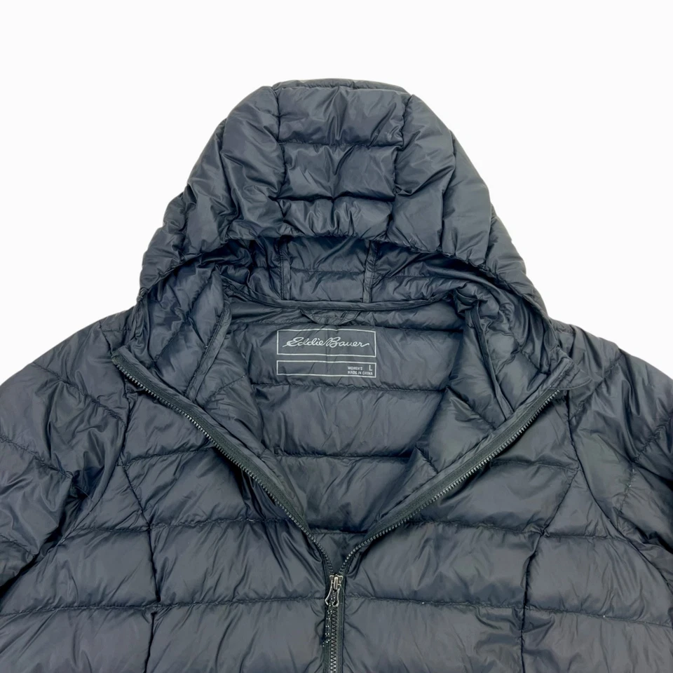 Chaqueta Eddie Bauer para mujer L grande negra cremallera completa EB650 plumón abrigo acolchado con capucha Foto 4 de 4