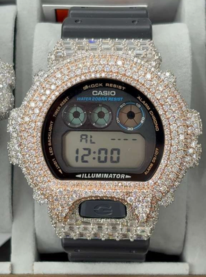 Custom Moissanite Bezel G-Shock DW-6900 Watch Two tone white rose