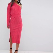 ASOS Women’s Pink One Shoulder Plisse Midi Dress Size 10