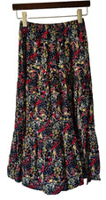 VTG 90s Espresso Womens Tiered Floral Midi Skirt S Navy Multicolor Boho Flowy