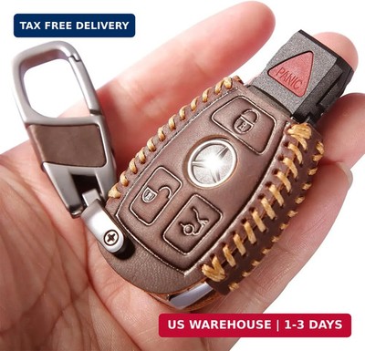 Vintage Leather Key Fob Cover with Metal Keychain, Compatible with Mercedes-Benz
