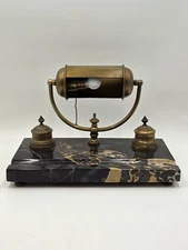 1920 Art Deco Brass Barrel Desk Lamp on Portoro Marble Base Dual Brass Inkwells